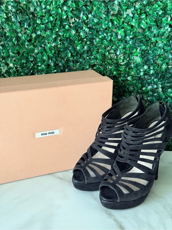 Miu Miu Shoes - Miu Miu Black Suede Cutout Heels – Size EU 37 | Strappy Cage Heels | Back Zip